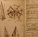 Photo of DaVinci Drawings, including some small geometric diagrams and text.