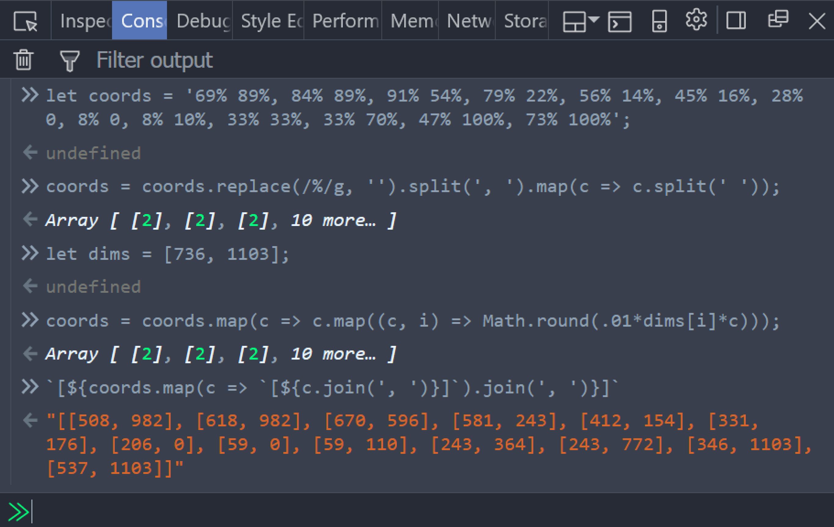 Screenshot of the steps described above in the dev tools console.