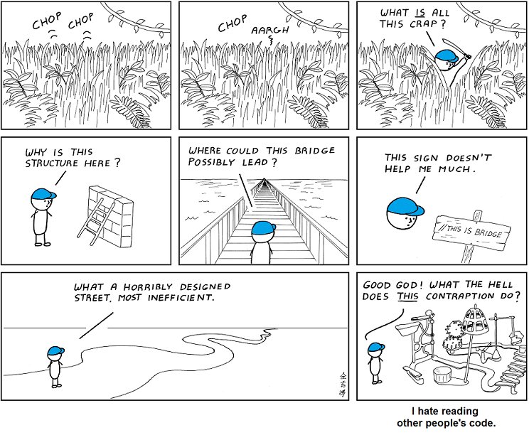 comic exploring code in real life with bad this is a bridge comment
