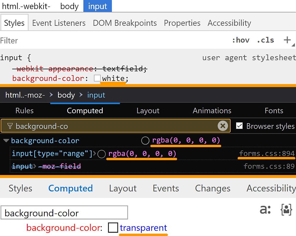 Comparative screenshots of DevTools in the three browsers showing the computed values of background-color for a range input.