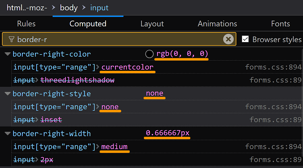 Screenshot of Firefox DevTools showing how the border for inputs is set.