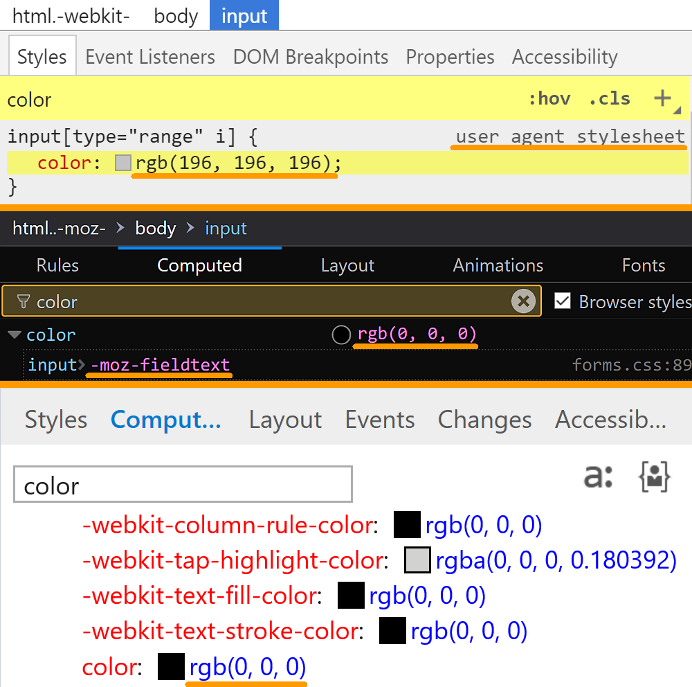 Comparative screenshots of DevTools in the three browsers showing the computed values of color for a range input.
