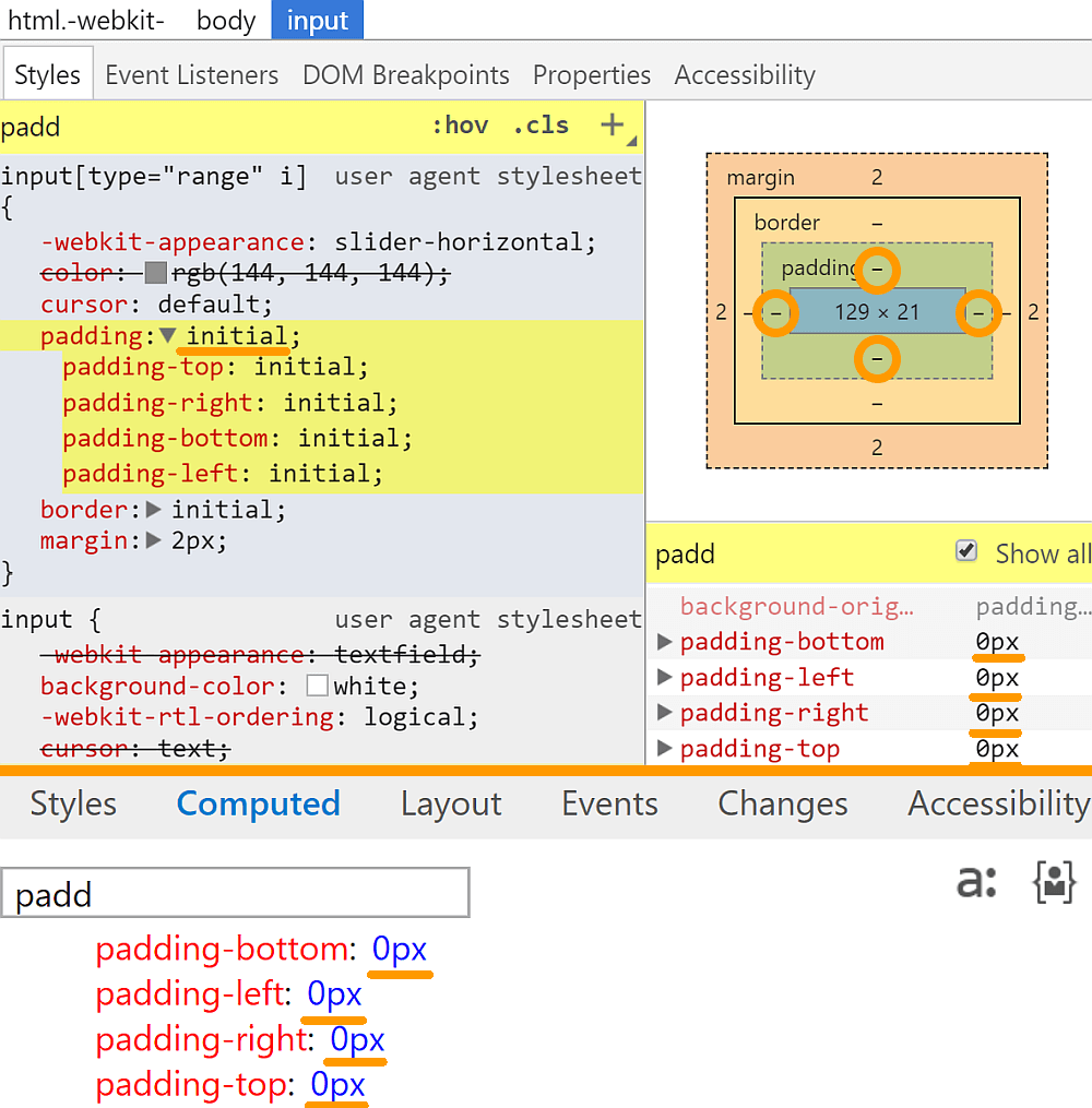 Comparative screenshots of DevTools in Chrome and Edge browsers showing the computed values of padding for a range input.