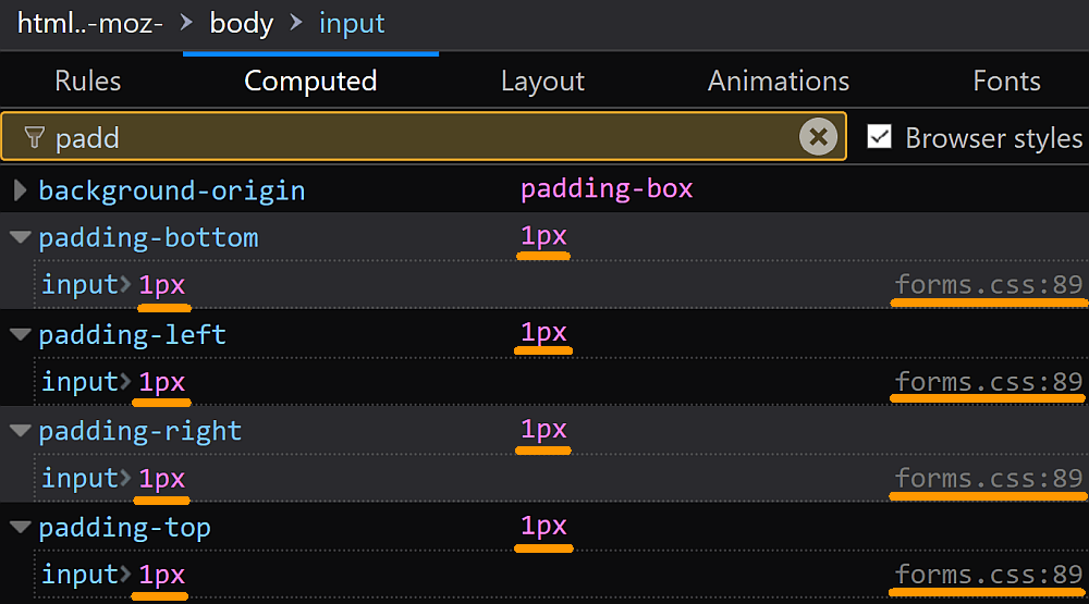 Screenshot of Firefox DevTools showing how the padding for inputs is set.