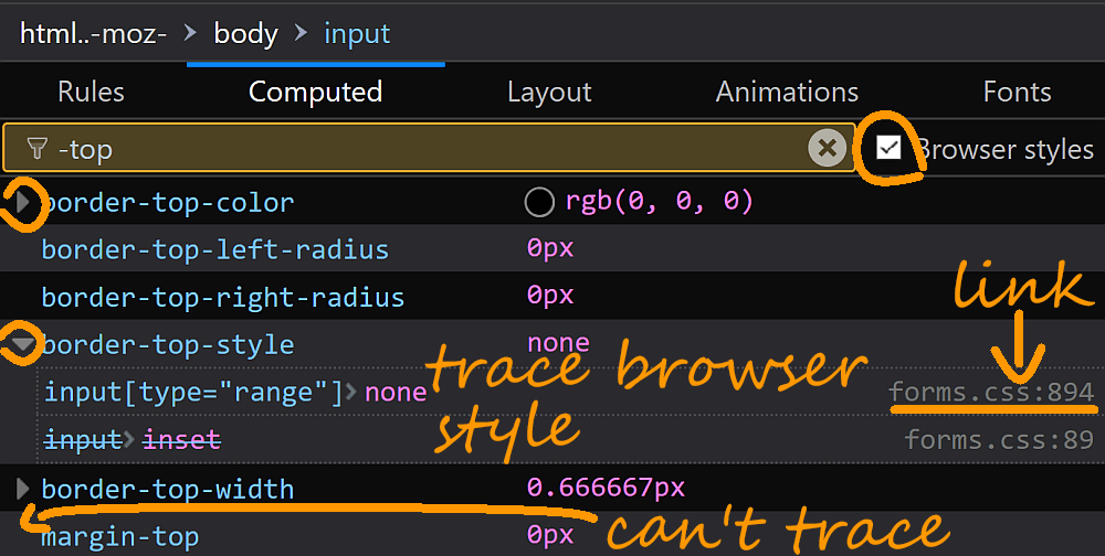 Screenshot of Firefox DevTools showing where to look for how browser styles were set.