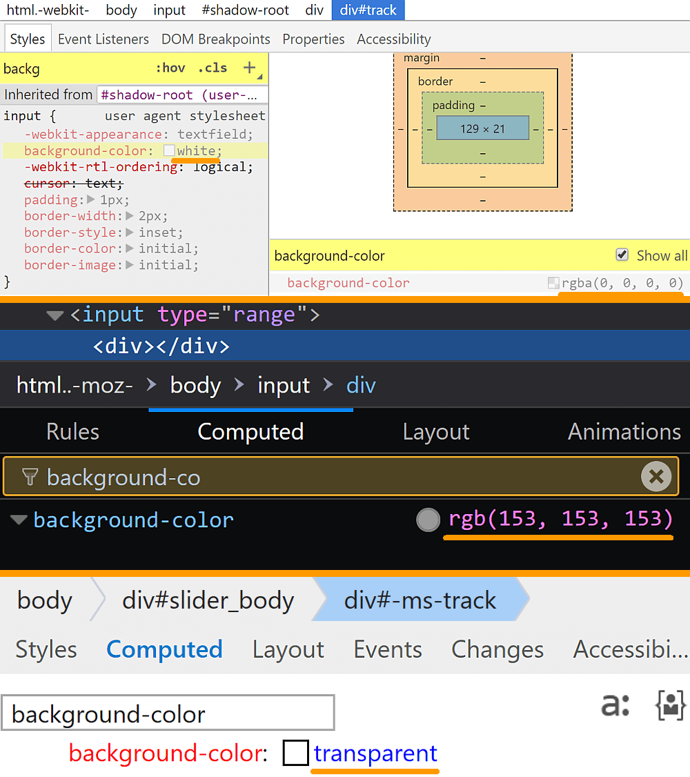 Comparative screenshots of DevTools in the three browsers showing the computed values of background-color for the track.