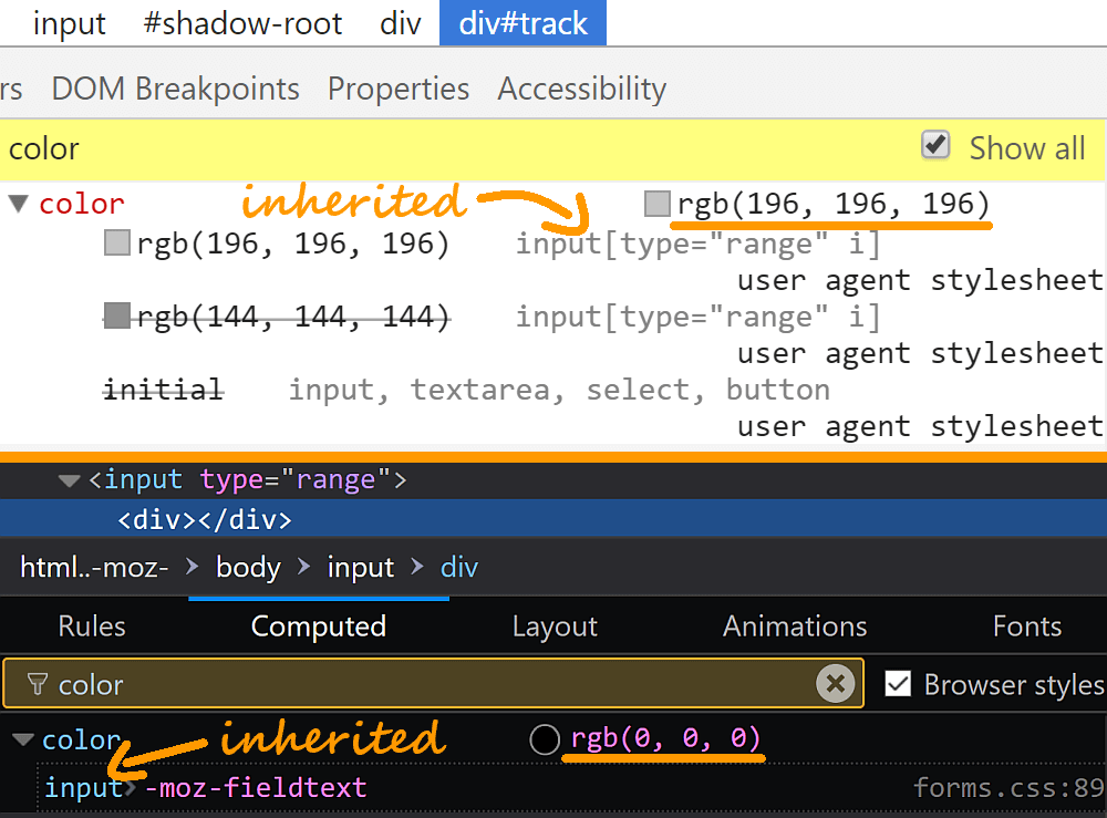 Comparative screenshots of DevTools in Chrome and Firefox browsers showing the computed values of color for the track.