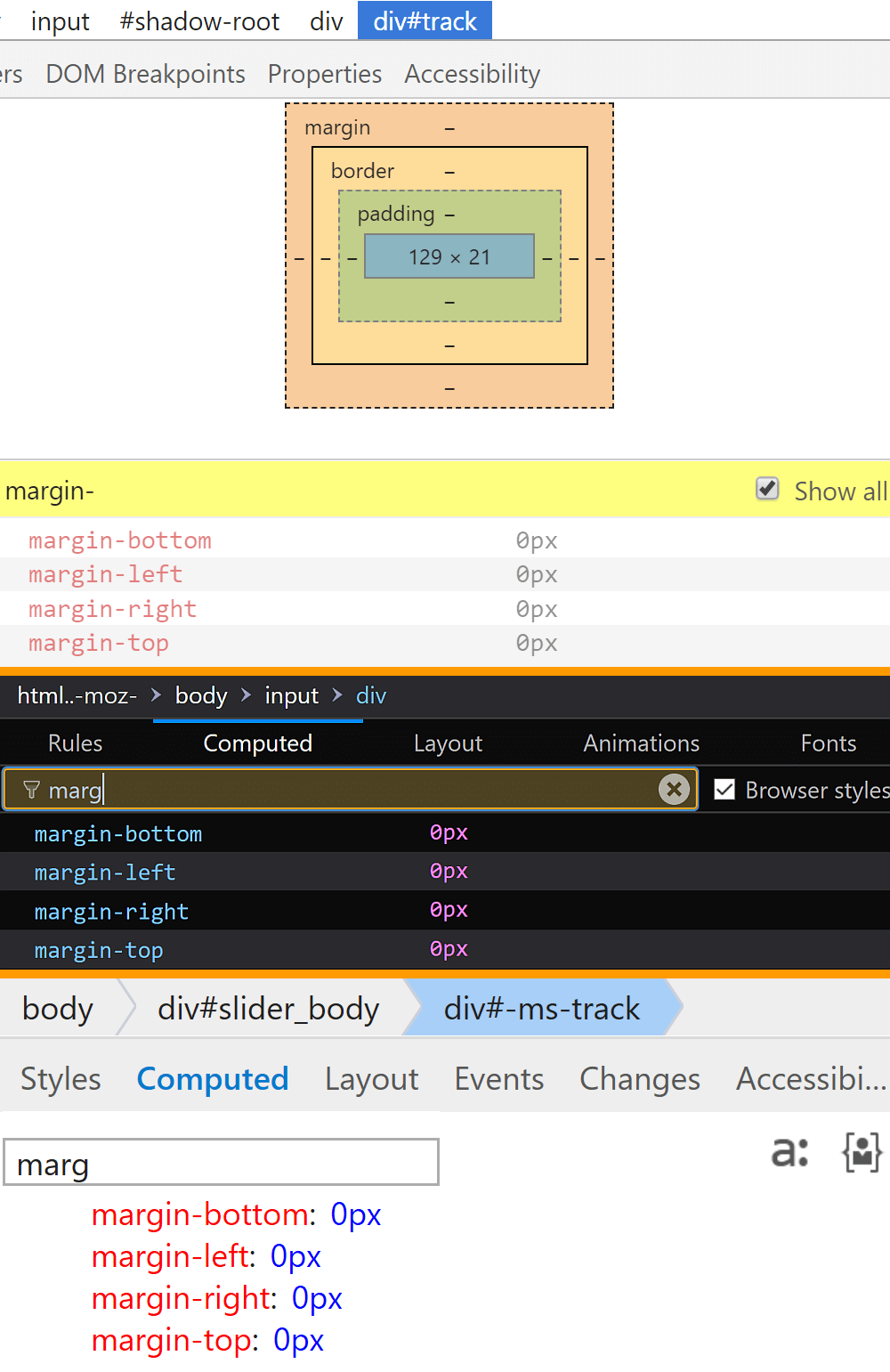 Comparative screenshots of DevTools in the three browsers showing the computed values of margin for the track.