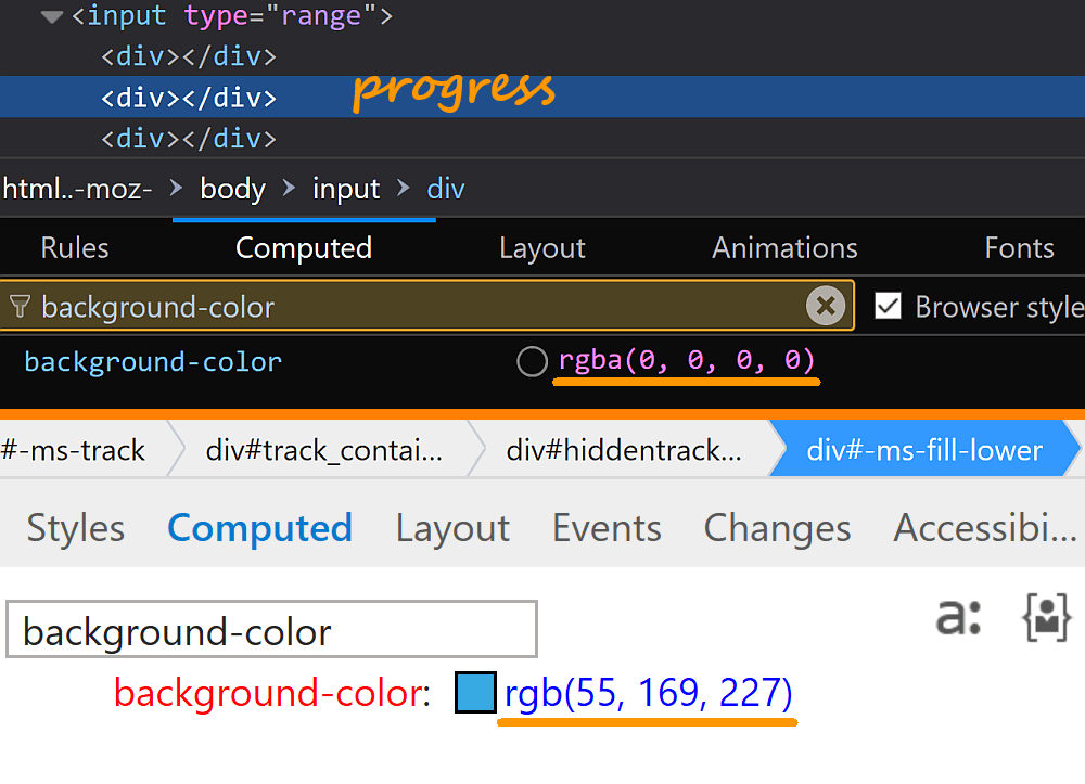 Screenshot. Top half shows Firefox DevTools with the progress selected. The computed value for the background-color of the progress is rgba(0, 0, 0, 0). Bottom half shows Edge DevTools with the lower fill selected. The computed value for the fill's background-color is rgb(0, 120, 115).
