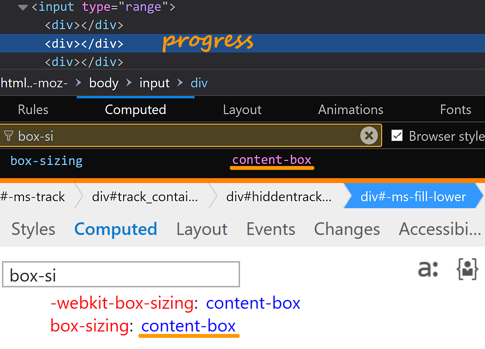 Screenshot. Top half shows Firefox DevTools with the progress component selected. The computed value for box-sizing is shown to be content-box. Bottom half shows Edge DevTools with the lower fill component selected. The computed value for box-sizing is shown to be content-box in this case too.