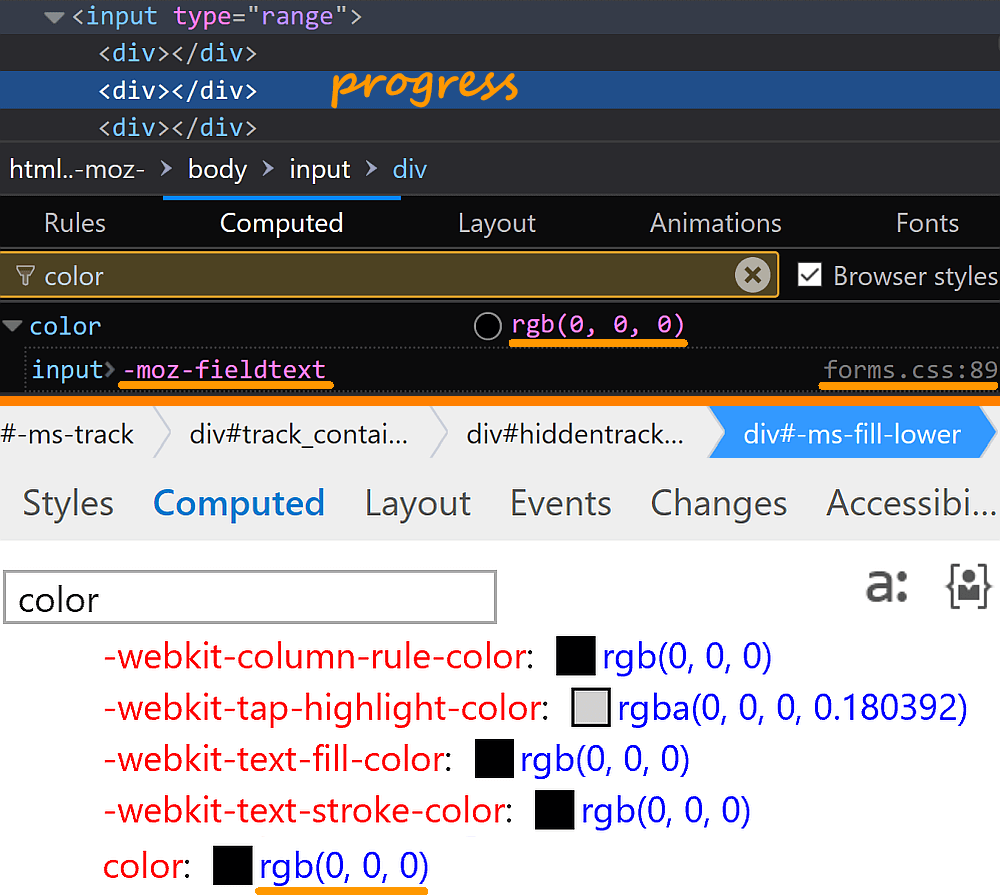 Screenshot. Top half shows Firefox DevTools with the progress component selected. The computed value for color is shown to be rgb(0, 0, 0). Bottom half shows Edge DevTools with the lower fill component selected. The computed value for color is shown to be rgb(0, 0, 0) in this case too.