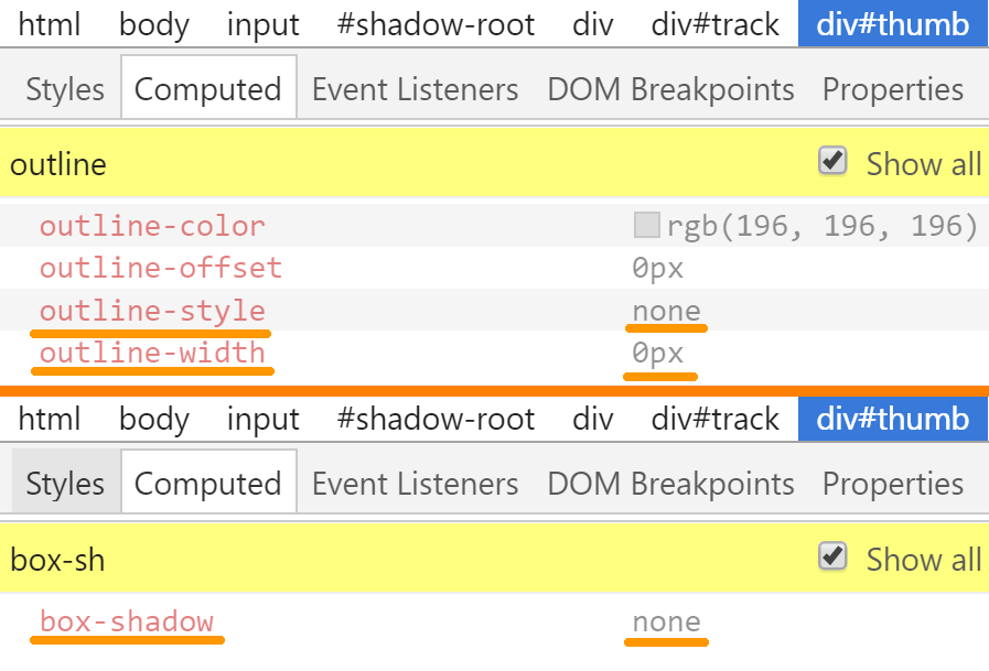 Screenshot. The computed value for outline in Chrome DevTools is none 0px rgb(196, 196, 196), while that for box-shadow is none.