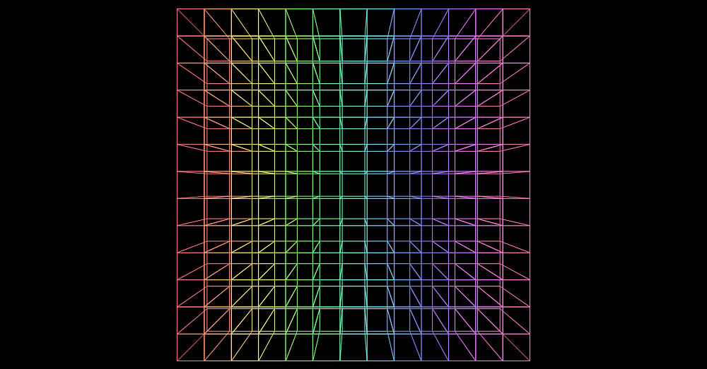 Screenshot. The assembly wireframe has now a rainbow look, with every column of cubes having a different hue.
