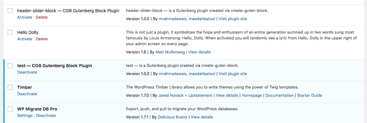 Screenshot of the Plugins screen of the WordPress admin showing the create-guten-block plugin is active
