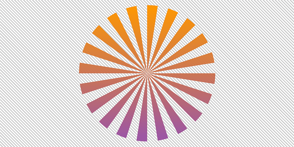 Screenshot of equal radial slices of a pie with transparent slices (gaps) in between them. The whole assembly has a top to bottom gradient (orange to purple).