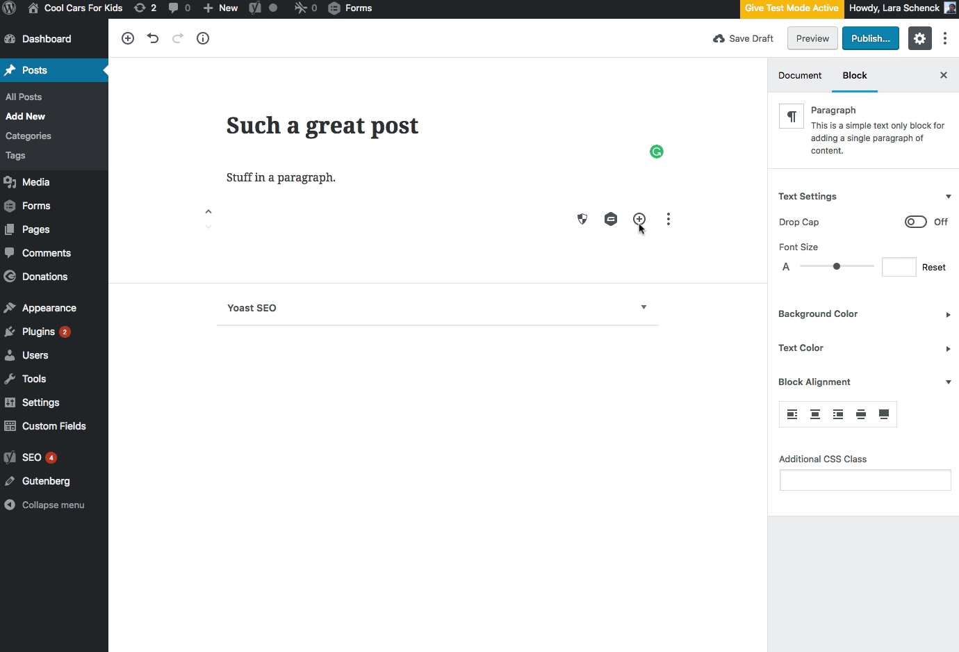 Animated GIF showing the selection and insertion of the default block from create-guten-block