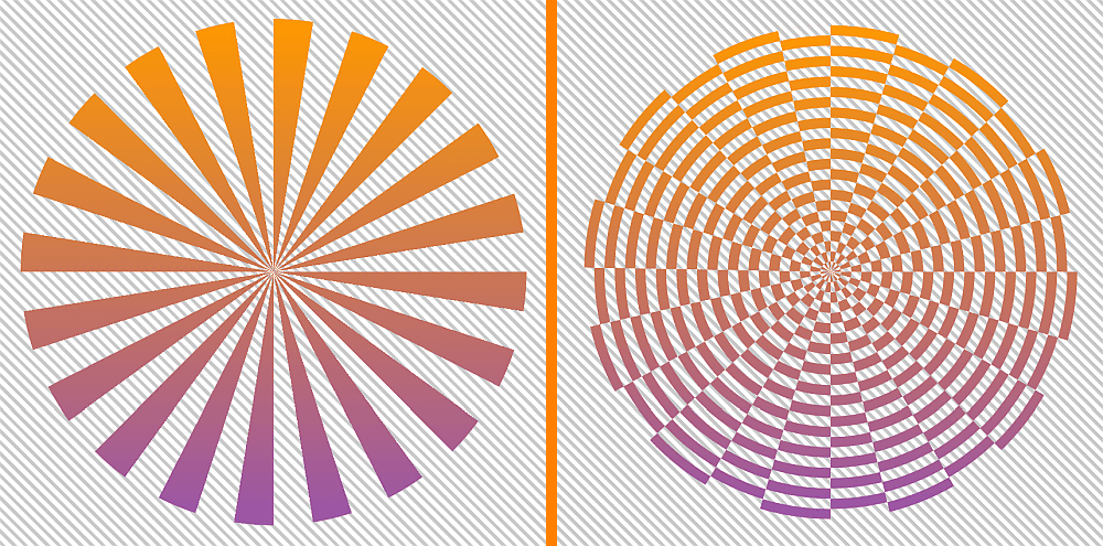 Screenshots. On the left, a screenshot of equal radial slices of a pie with transparent slices (gaps) in between them. The whole assembly has a top to bottom gradient (orange to purple). On the right, the XOR operation between what we have on the left and a bunch of concentric ripples. Again, the whole assembly has the same top to bottom gradient.