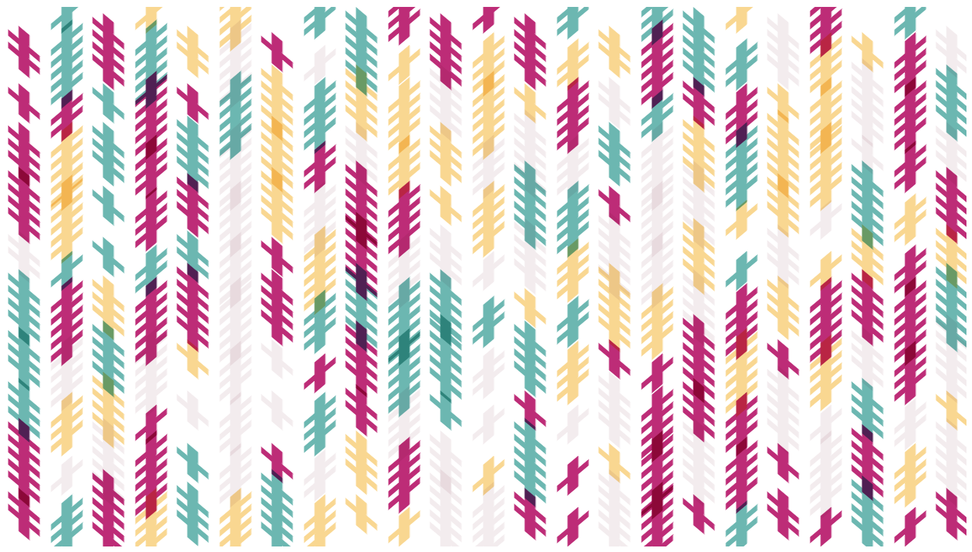 Plus sign Unicode characters in green, red, yellow and gray that follow the parallelogram pattern of the updated grid, forming a crochet-like effect.