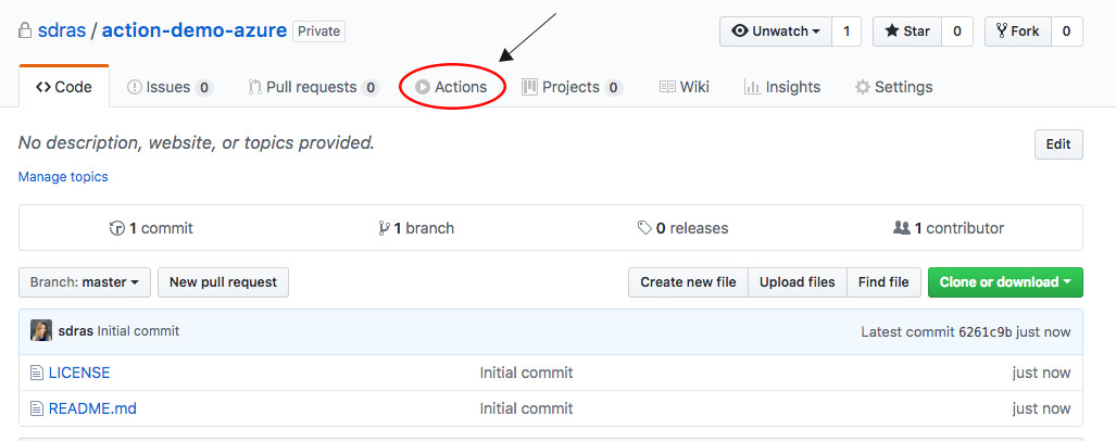 A screenshot of the sample repo showing the Actions tab in the menu.
