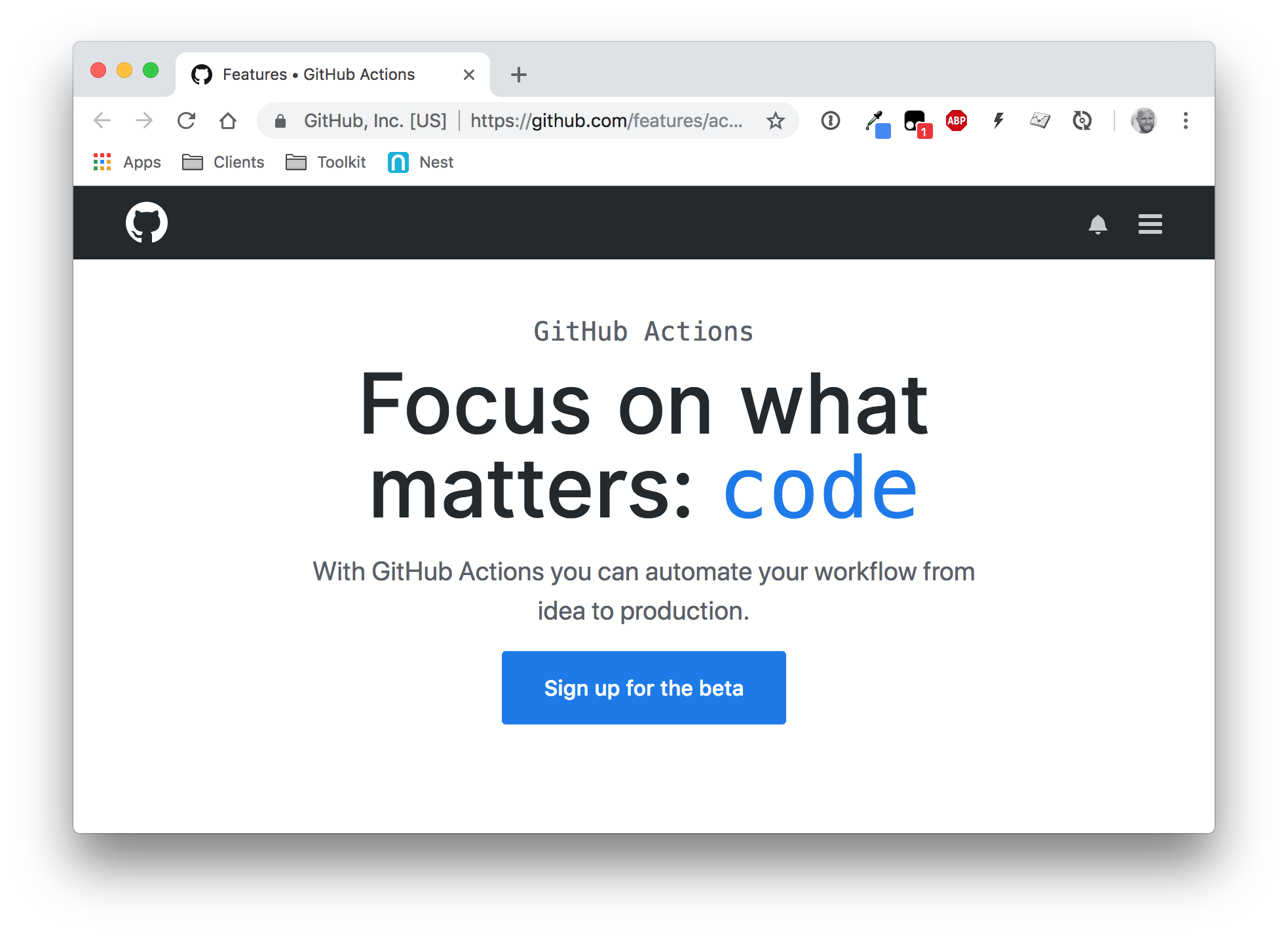 A screenshot of the GitHub Actions beta site showing a large blue button to click to join the beta.