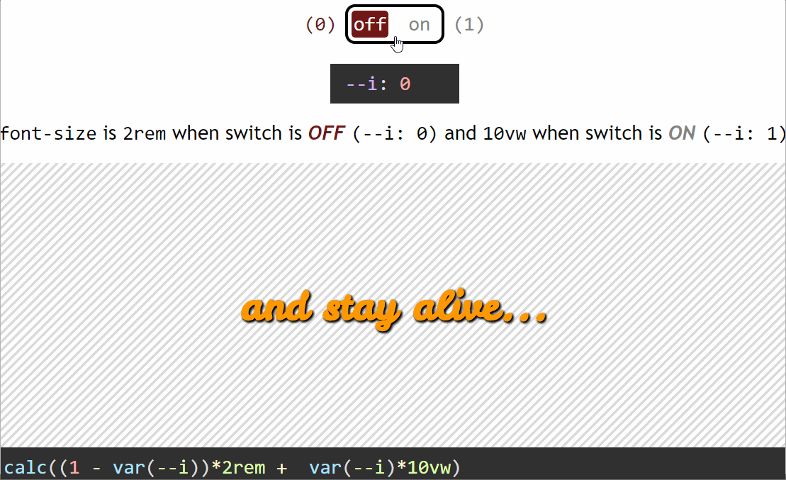 Animated gif. Shows how changing the switch value from 0 to 1 changes the font-size.