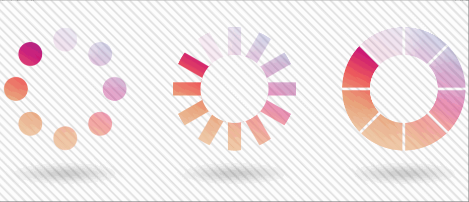 Animated gif. Shows three gradient loaders made up of segments that vary in opacity over the course of the loading animation.