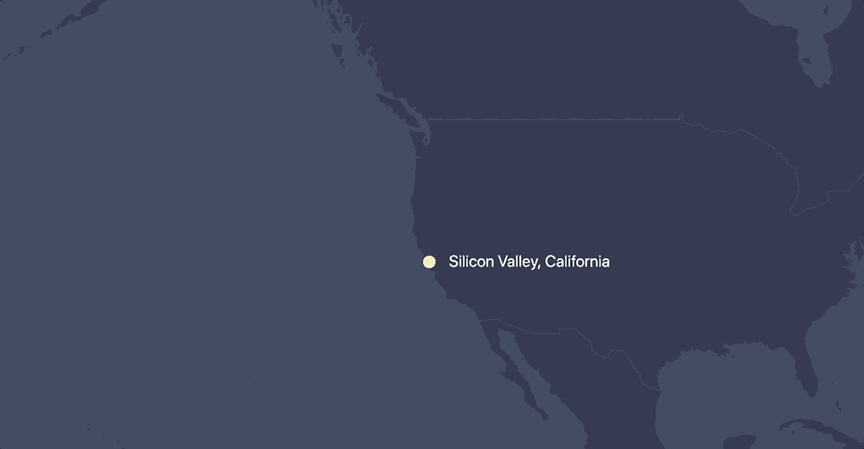 Animation of a simple plane illustration popping up over a point on a map at Silicon Valley. The plane starts small and then zooms in to a larger size that makes it appear up close.