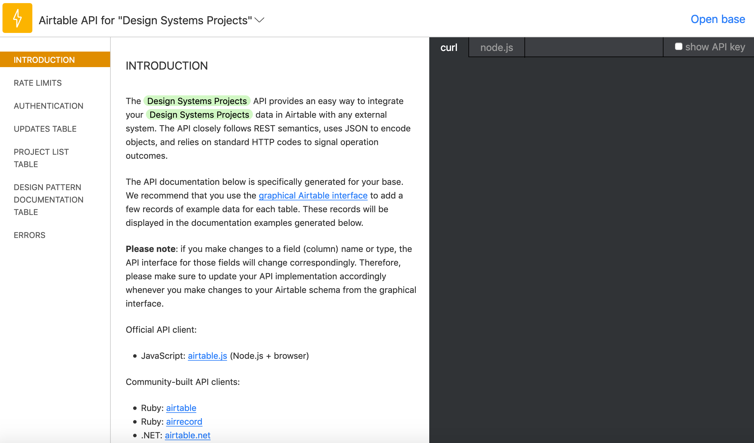 A screenshot of the Airtable API webpage. The heading says Standard API and a list of options, including example projects, is provided. Below the example projects is the project configured in this post, called Design Systems Project.