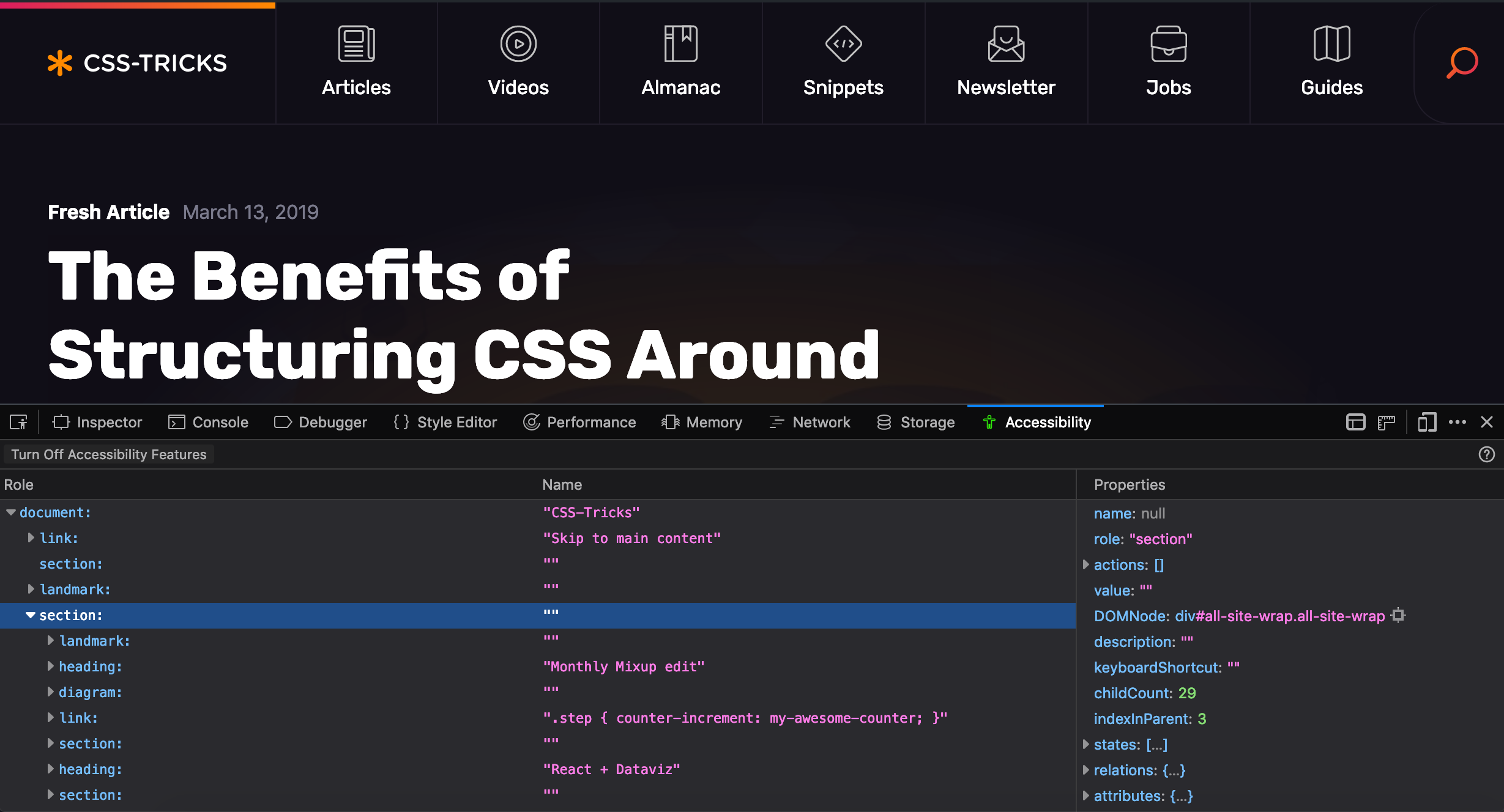 An image of the Firefox Accessibility tool inspecting the CSS-Tricks website