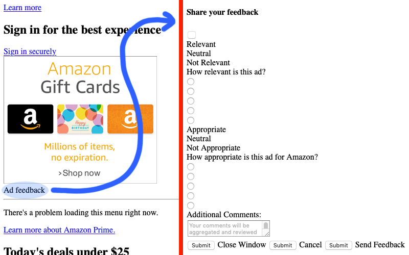 Blue curvy arrow showing destination to ad feedback form when clicking Ad Feedback text under ad