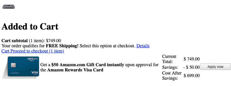 Part of shopping cart page showing a Mac Mini added, Cart and Proceed to Checkout links together, and gift card offer with cost after deduction