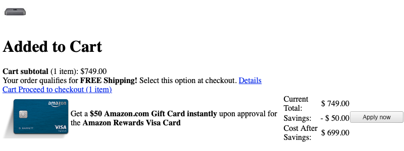  Parte de la página del carrito de compras que muestra un Mac Mini agregado, Carrito y Continuar a Los enlaces de pago y la oferta de tarjetas de regalo con costo después de la deducción 