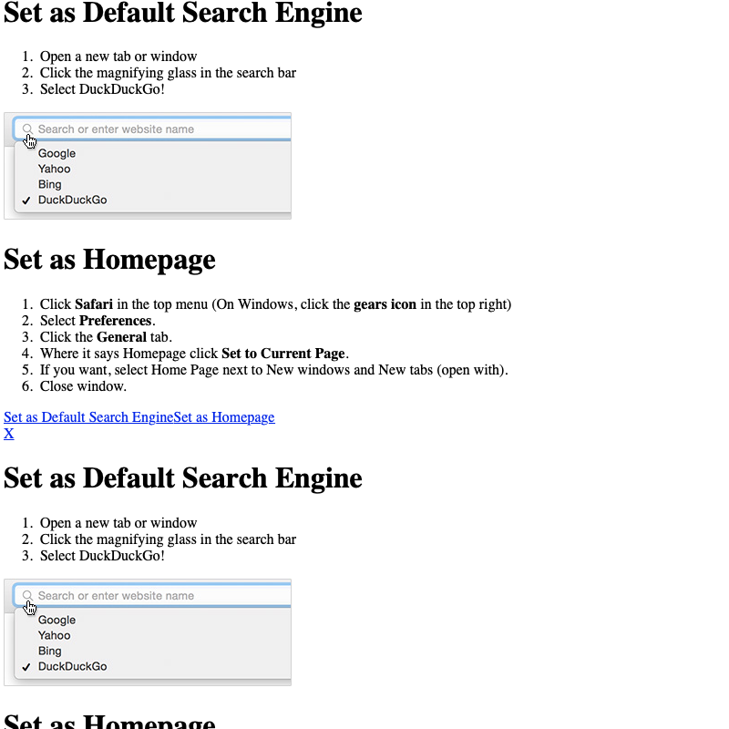 Instructions in Safari to set the search engine as your default or your homepage