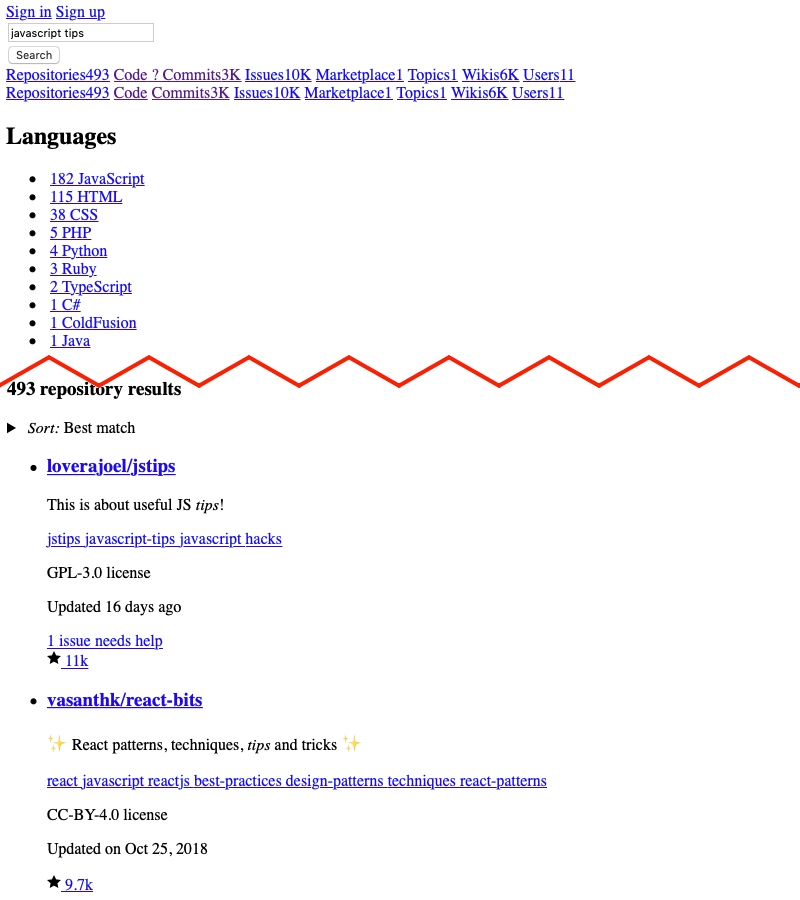  Resultados de búsqueda para una consulta de "consejos de javascript". 