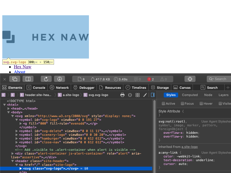 Hex Naw logo colored black and highlighted in DevTools