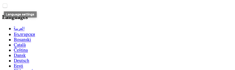 Part of navigation showing blank button with “Language settings” tooltip and some of the languages