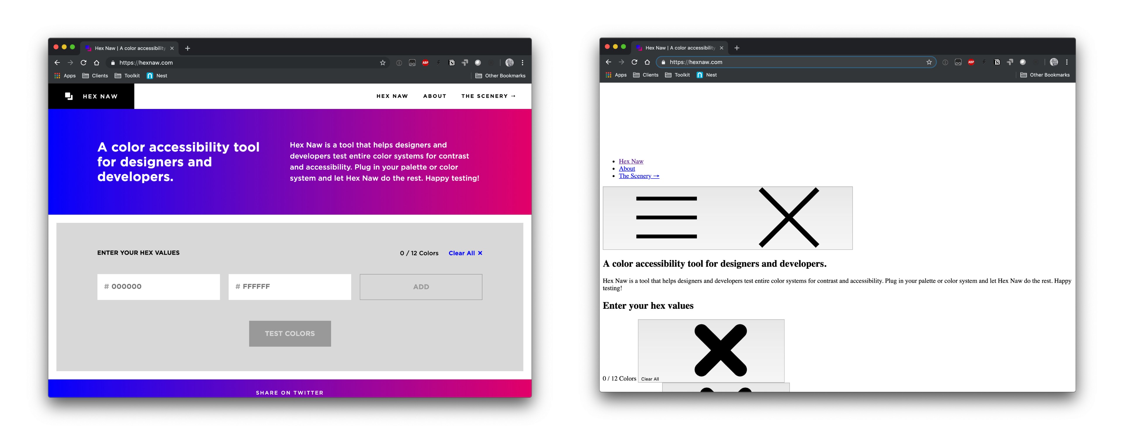 The Hex Naw tool with and without CSS