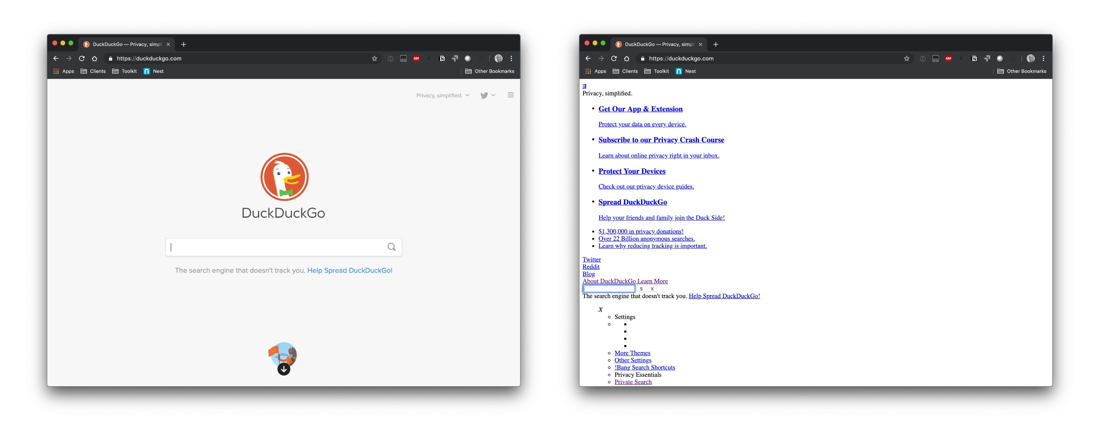 The DuckDuckGo homepage with and without CSS