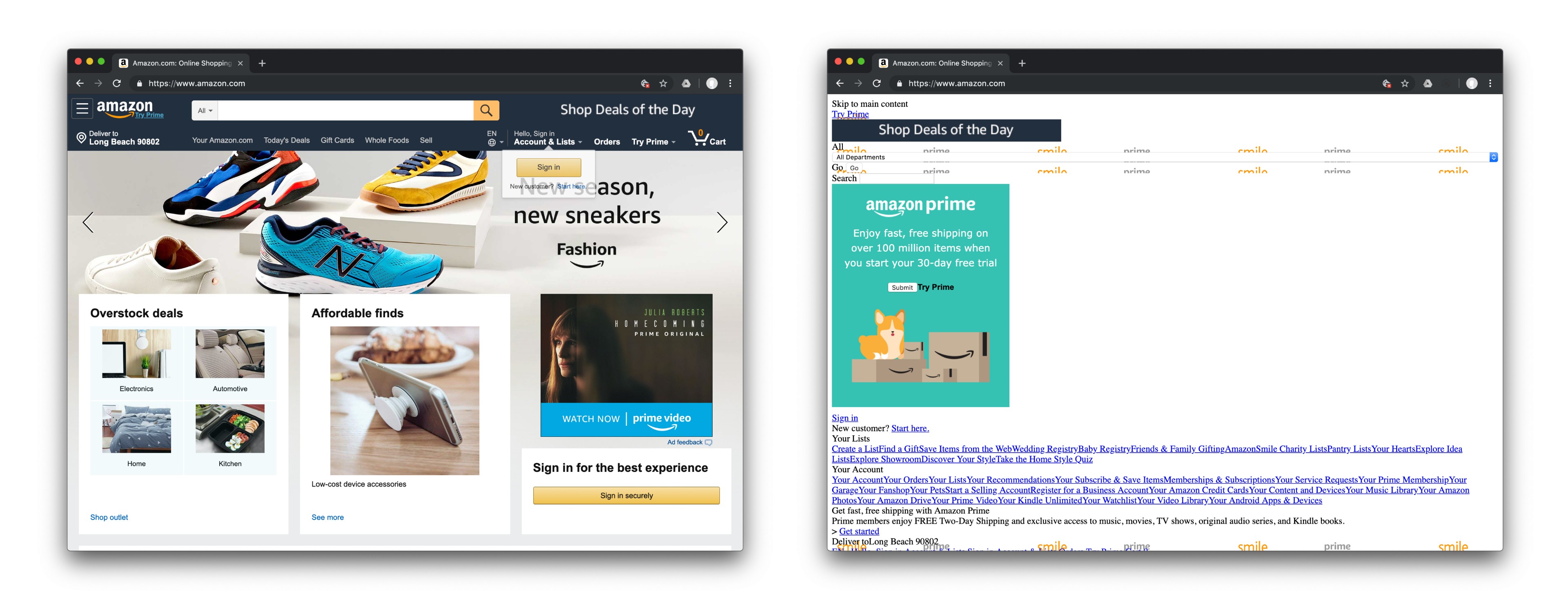 The Amazon.com homepage with and without CSS