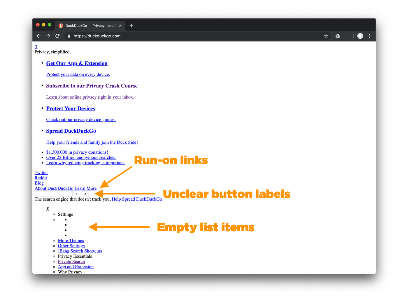 Orange arrows pointing to run-on links, unclear button labels, and empty list items