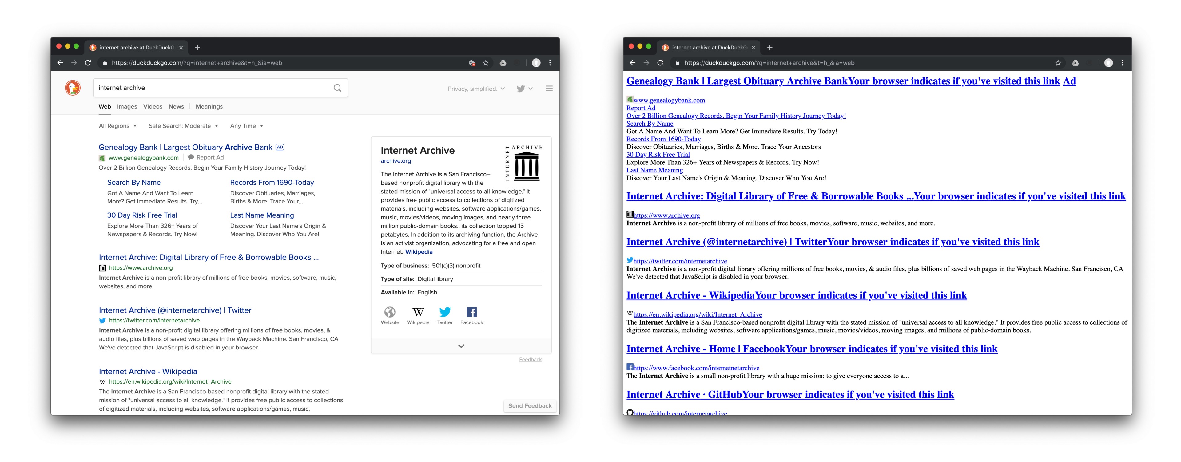 Comparison of search results page with and without CSS. Extra text appears next to titles in the non-CSS version.