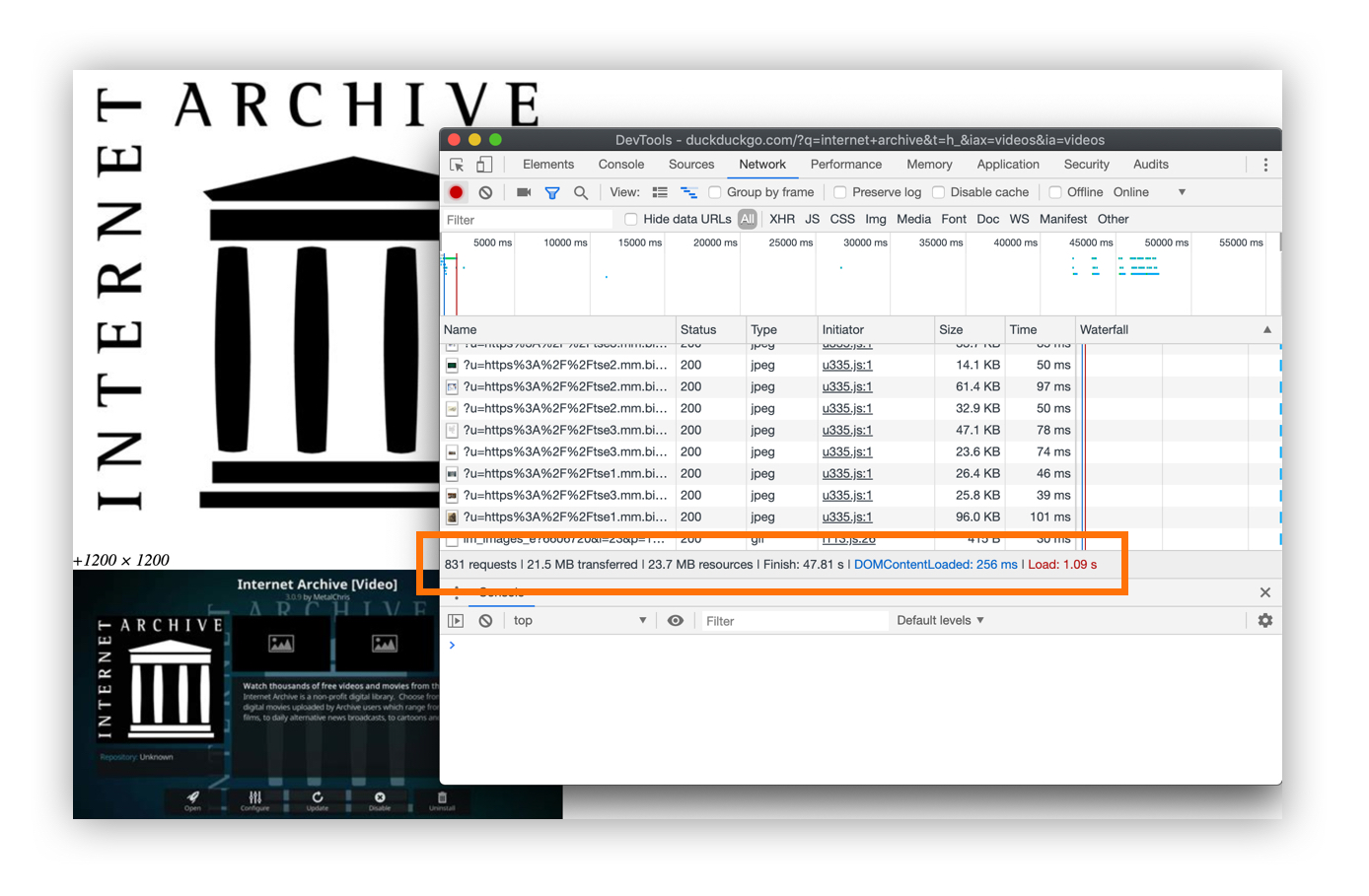 Orange outline box encircling feedback on requests and total image weight in DevTools