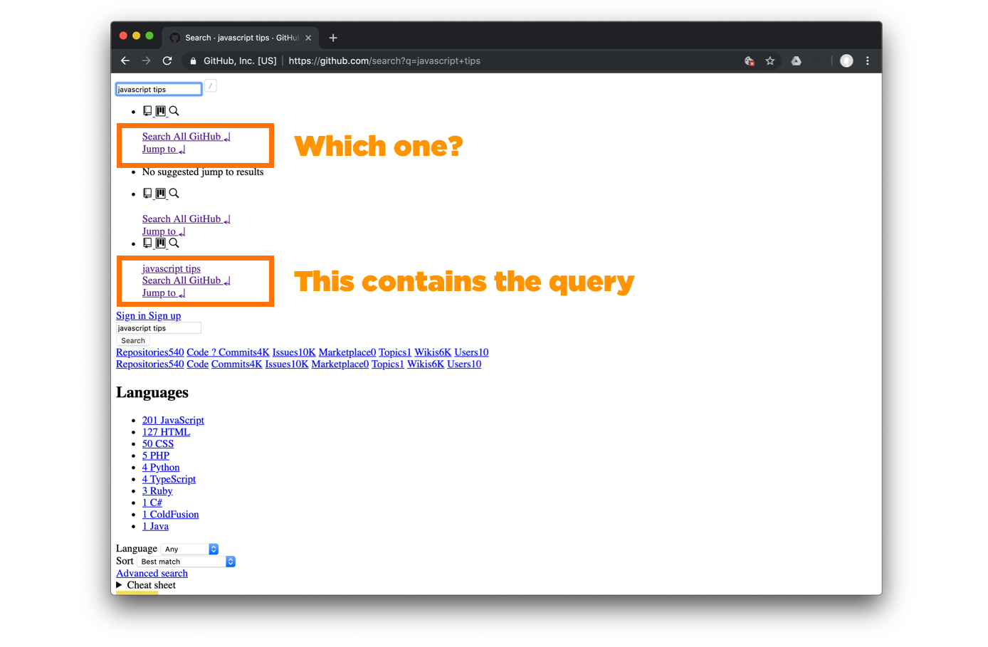 Orange outline boxes around groups of search links