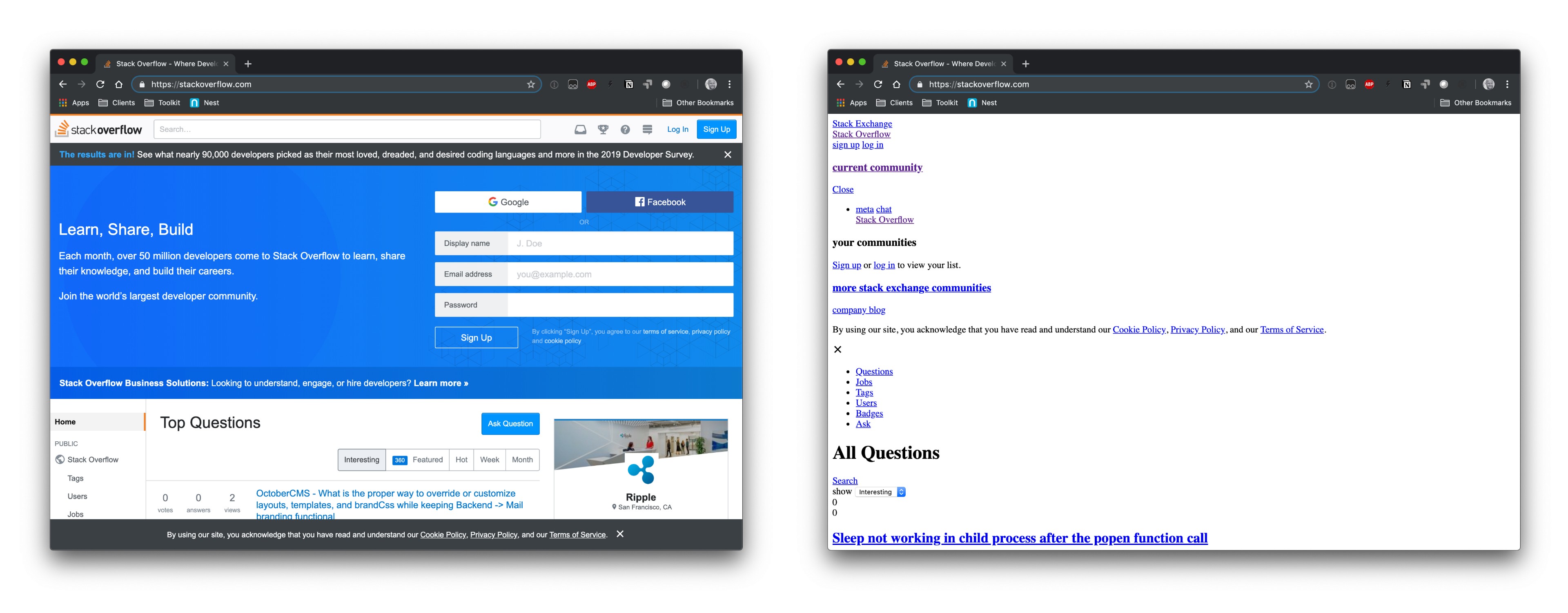 The Stack Overflow homepage with and without CSS