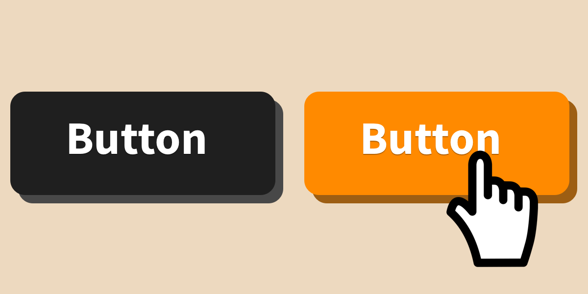 An illustration of a black button on the left and an orange button with a mouse cursor over it as a hover effect.