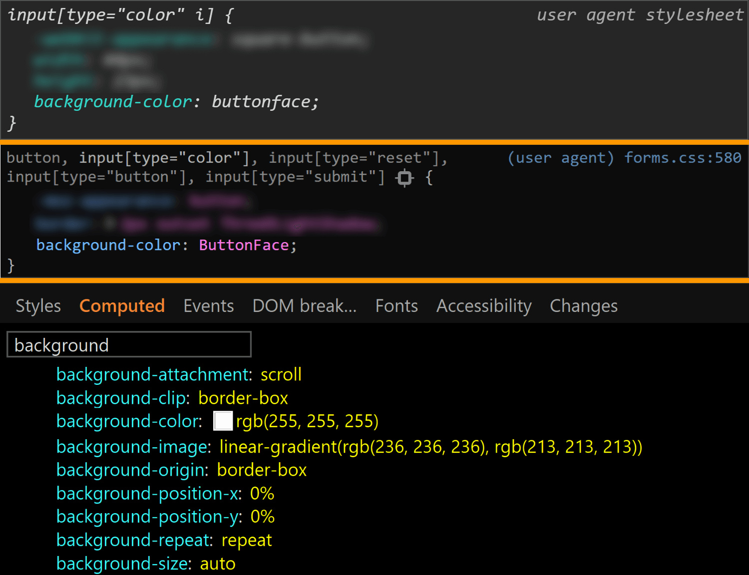 Comparative screenshots of DevTools in the three browsers showing the background values for the actual input.