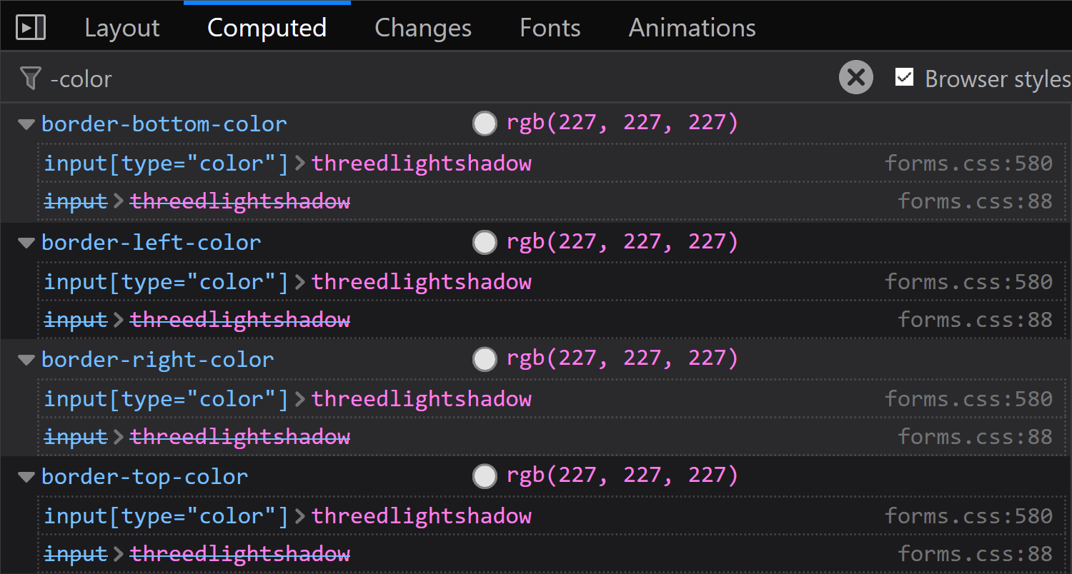 Screenshot of Computed panel search in Firefox on Windows, showing that the ThreeDLightShadow keyword computes to rgb(227, 227, 227).