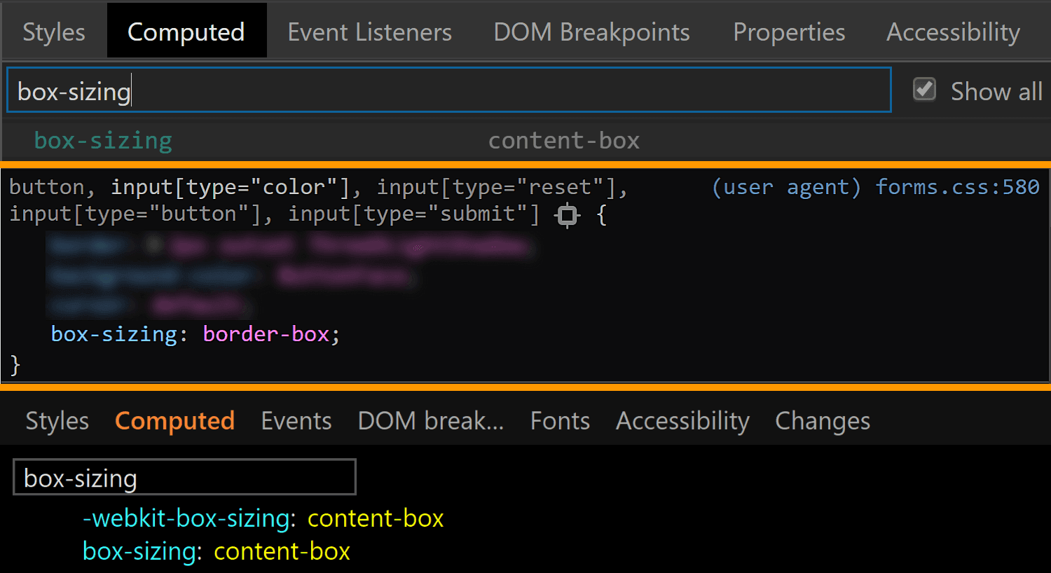 Comparative screenshots of DevTools in the three browsers showing the computed values of box-sizing for the actual input.