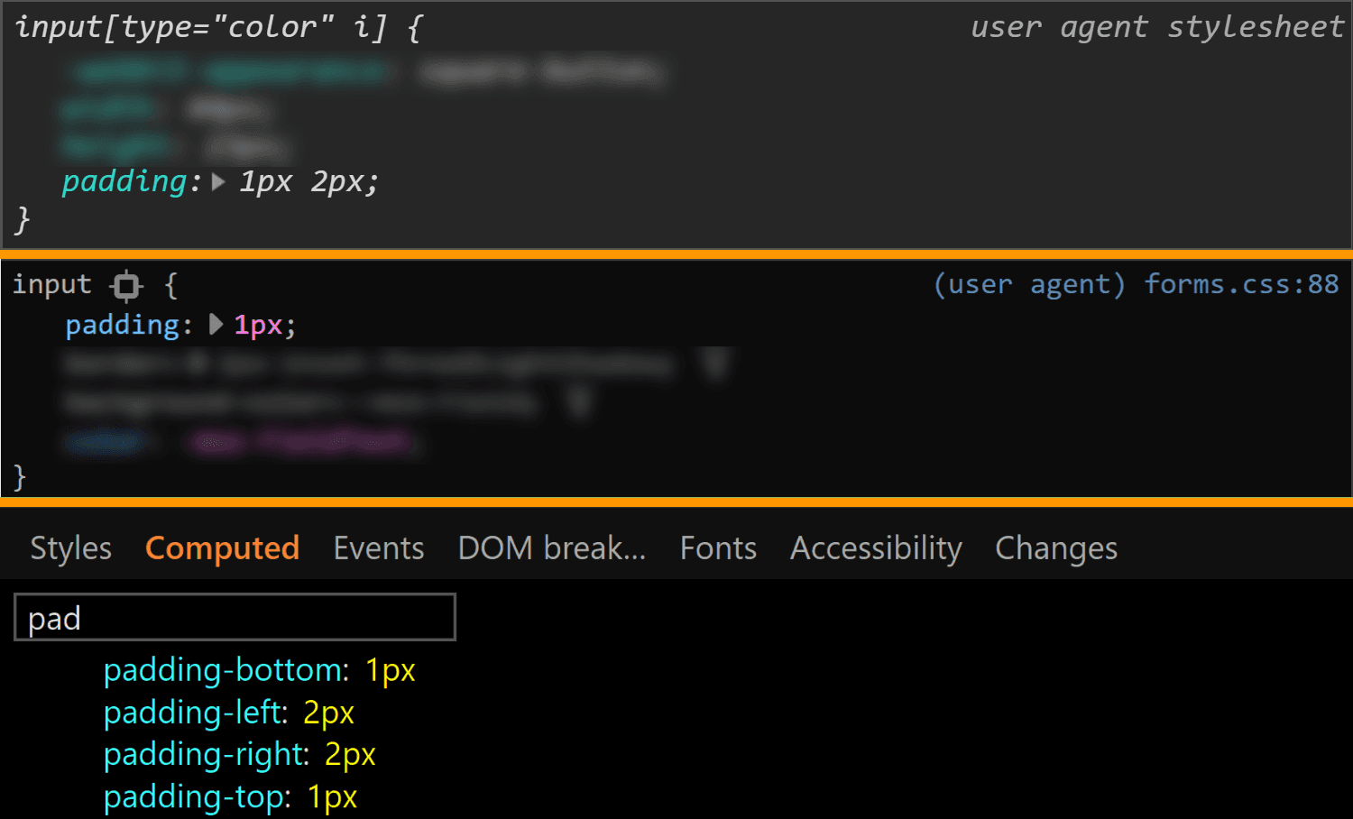 Comparative screenshots of DevTools in the three browsers showing the padding values for the actual input.