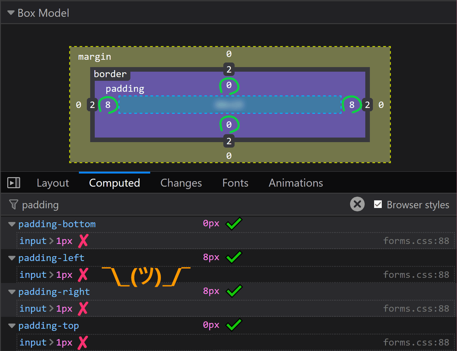Screenshot of Firefox DevTools showing how the computed padding value on input isn't the one that was set on input, even if no override seems to be happening.